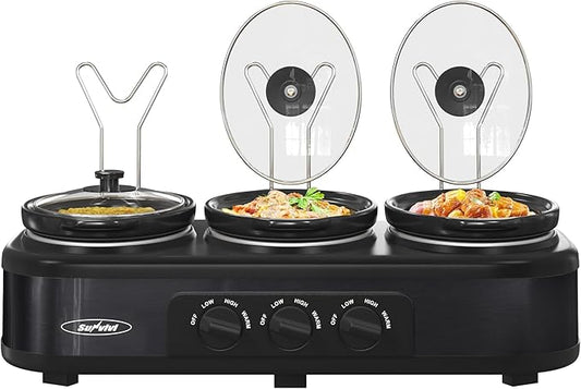 3 * 1.5 Quarts Triple Slow Cooker, Buffet Server & Warmer with 3 Removable Ceramic Pots, 3 Adjustable Temp Settings & 3 Metal Lid Rests, Stainless Steel, Black
