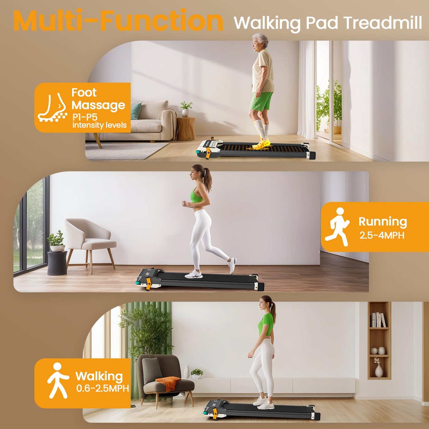 FINEHORSE 2 Side Walking Pad with Incline, 2 in 1 Under Desk Treadmills Walking Pad and Foot Massager for Home/Office, Portable Treadmill with Remote Control LED Display (Black)