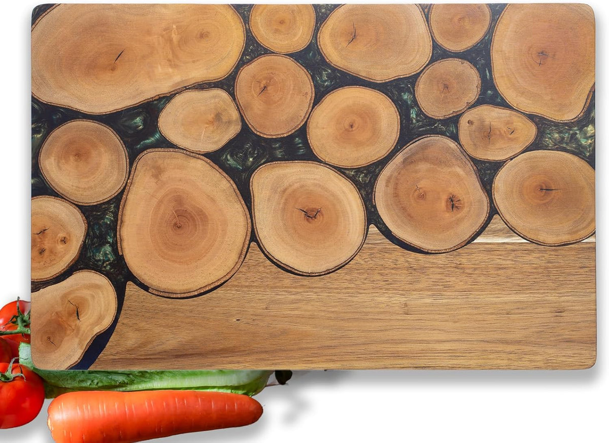 Acacia Wood Cutting Board With Colorful Black Resin Galactic Cosmos & Wood Stumps Unquie Design for Kitchen Meal Prep Serving Tray Cheese & Charcuterie Board for Meat Vegetable Gift 15*10‘’