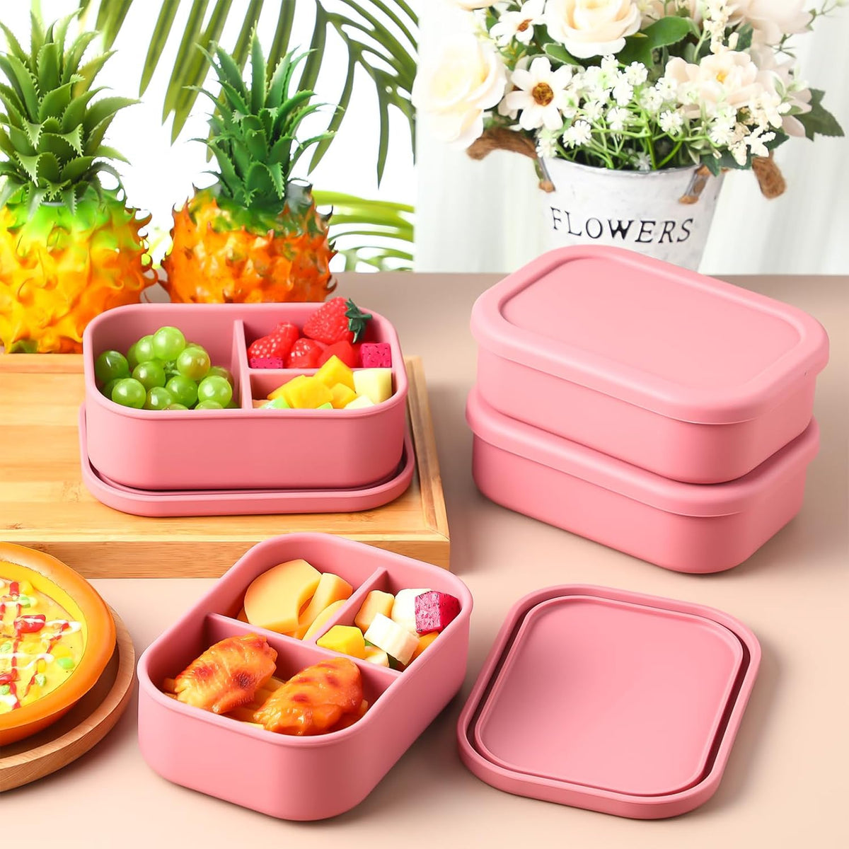 Honeydak 4 Pcs Silicone Bento Lunch Box 3 Compartment Reusable Leakproof Silicone Bento Lunch Container for Adults Microwave Dishwasher Freezer Safe(Red)