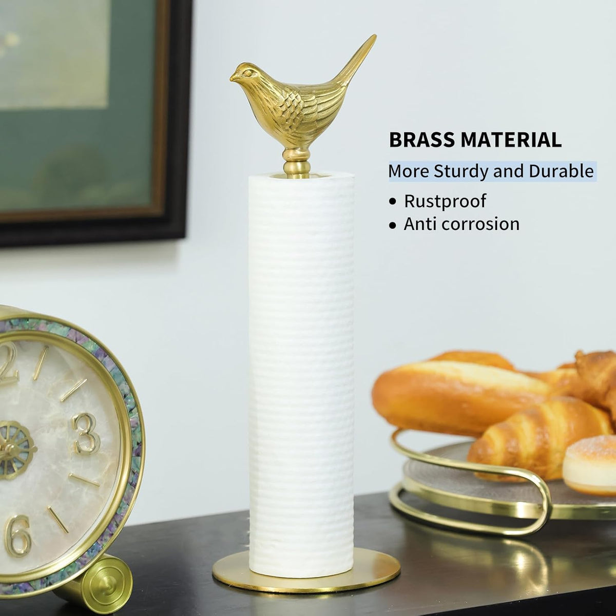 Luxurious Gold Paper Towel Holder Countertop, Brass Paper Towel Holder for Kitchen, Unique Gold Bird Decor - Sturdy, Durable, and Elegant Home Decor for Kitchen