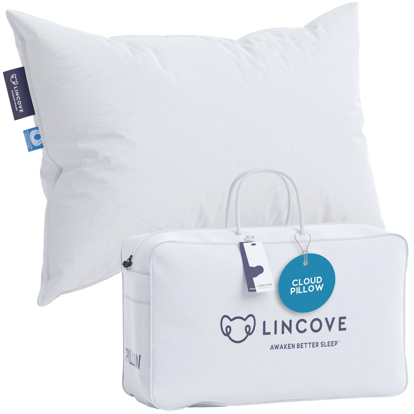 Lincove Cloud Natural Canadian Down Pillow, White Luxury Sleeping Pillow - 625 Fill Power, 500 Thread Count Cotton Shell, Made in Canada, Standard - Medium, 1 Pack