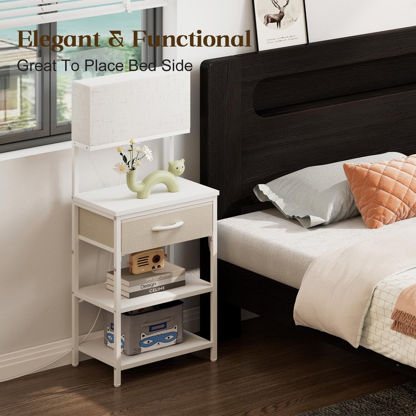 White Night Stand With Led Lamp, Small Nightstand With Drawer For small spaces, Small Bedside Table With Storage Shelves For Bedroom, Bed Side Table With Adjustable Feet, Metal Wood Structure, Sturdy