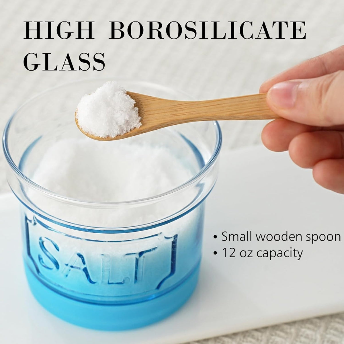 Glass Salt Cellar with Lid Salt Container with Spoon for Countertop Embossed Pattern Salt Box for Storing Sea Salt Flaky Salt Spice 12oz Capacity Holder,Gradient Blue