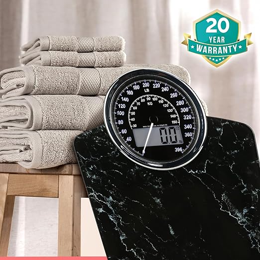 Adamson Hybrid 2-in-1 Analog & Digital Weighing Scale for Body Weight up to 400lbs + Thick Tempered Glass + Extra Large Display + Easy to Read Digital Bathroom Scale + New - Marble Black