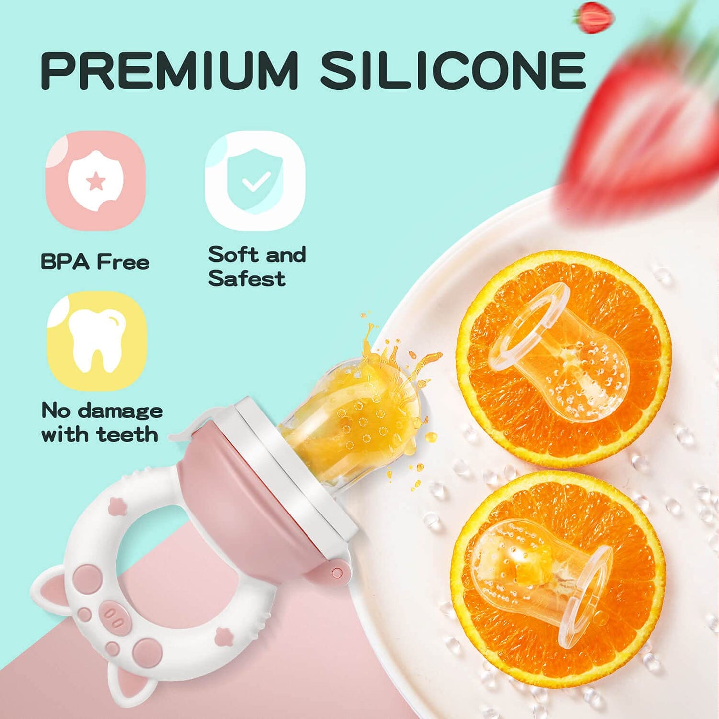 Baby Fruit Food Feeder Pacifier - Fresh Teething Pacifiers, Infant Fruit Teething Teether Toy for 3-24 Months, 6 Pcs Silicone Pouches for Toddlers & Kids & Babies, Piggy Handle 2-Pack (Green & Gray)