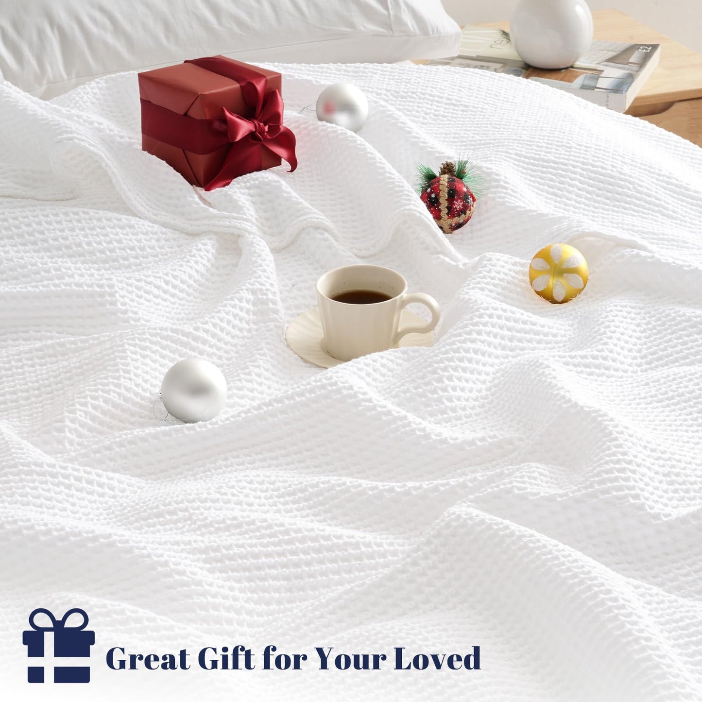 PHF Pre-Washed Cotton Waffle Weave Blanket Queen Size for Bed,Snag Proof Throw Blanket for Couch Spring Summer Lightweight Breathable,Oeko-TEX Certified,Machine Washable, Home Decor Gift-White