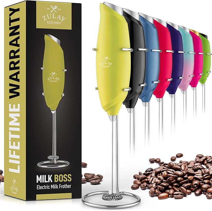 Zulay Kitchen Premium One-Touch Milk Frother for Coffee - Easy-Use Frother Handheld Foam Maker - Electric Whisk Drink Mixer for Cappuccino, Frappe, Matcha and Hot Chocolate (Lime Green)