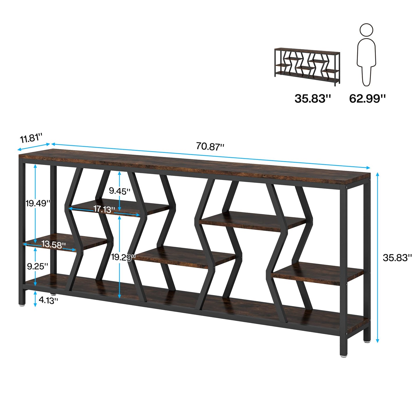 Tribesigns 70.9 Inches Sofa Console Table with 4 Tier Wood Storage Shelves, Industrial Extra Long Narrow Entryway Accent Tables for Hallway, Living Room, Foyer (Rustic Brown)