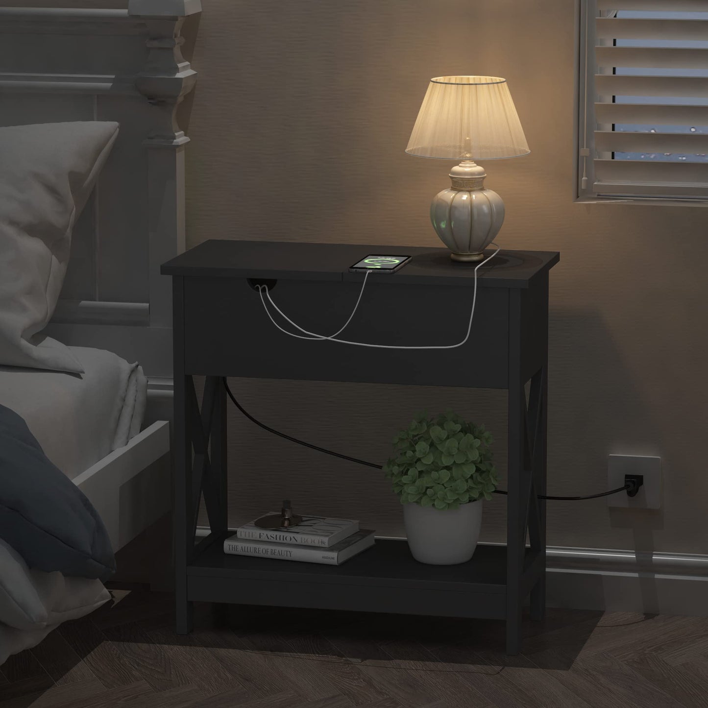 ChooChoo End Table with Charging Station, Narrow Flip Top Side Table with USB Ports & Power Outlets for Small Spaces, Bedside Table with Storage for Living Room, Bedroom, Black