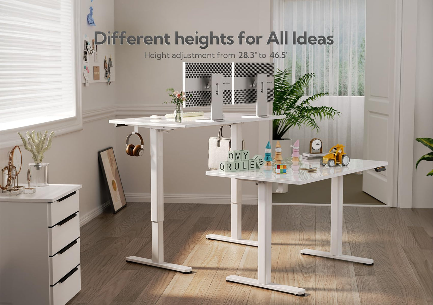 INNOVAR Glass Standing Desk, 48 x 24 Inch Electric Desk Adjustable Height White Stand Up Desks Computer Workstation, Super White
