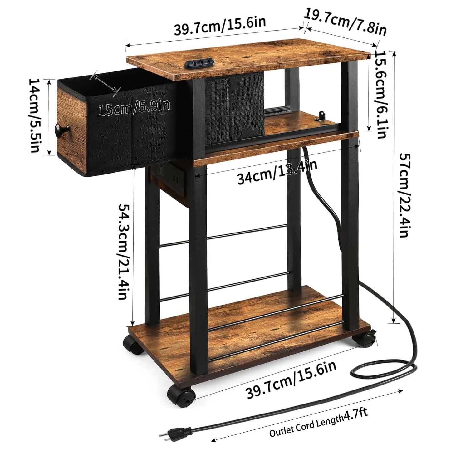 DGSANDGO Side Table with Charging Station and Drawer, Narrow End Table with USB Ports and Outlets for Small Space, Living Room, Bedroom and Office, with 4 Wheels (1, Rustic Brown + Black)