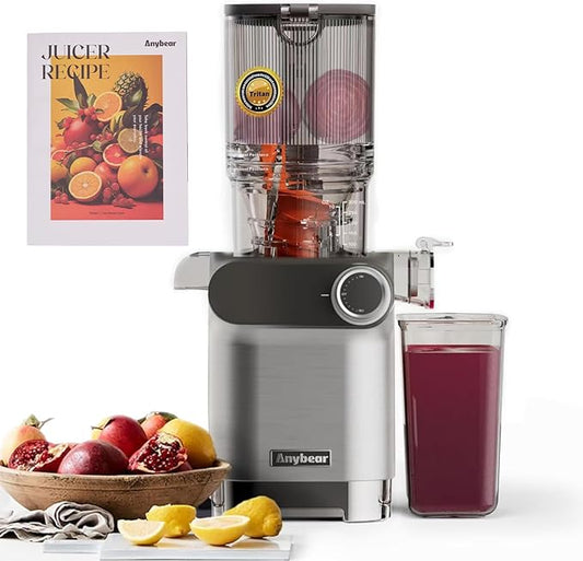 Anybear Cold Press Juicer, 200W Masticating Slow Juicer 4.3" Large Feed Chute Fit Whole Fruits Vegetables | Upgraded Auger | Tritan Material | BPA Free | Juice Recipes (Light Gray)