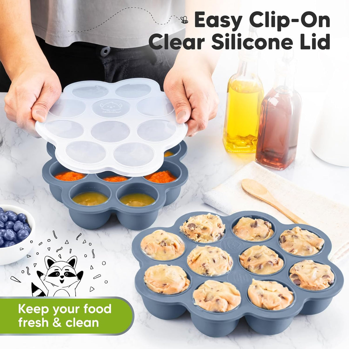 KeaBabies Silicone Food Freezer Trays with Lid, 2oz x 10 Pods Baby Food Storage Containers, Easy Puree Meal Prep, Breast Milk Silicone Freezer Molds, Dishwasher, Microwave Safe, BPA-Free (Slate)