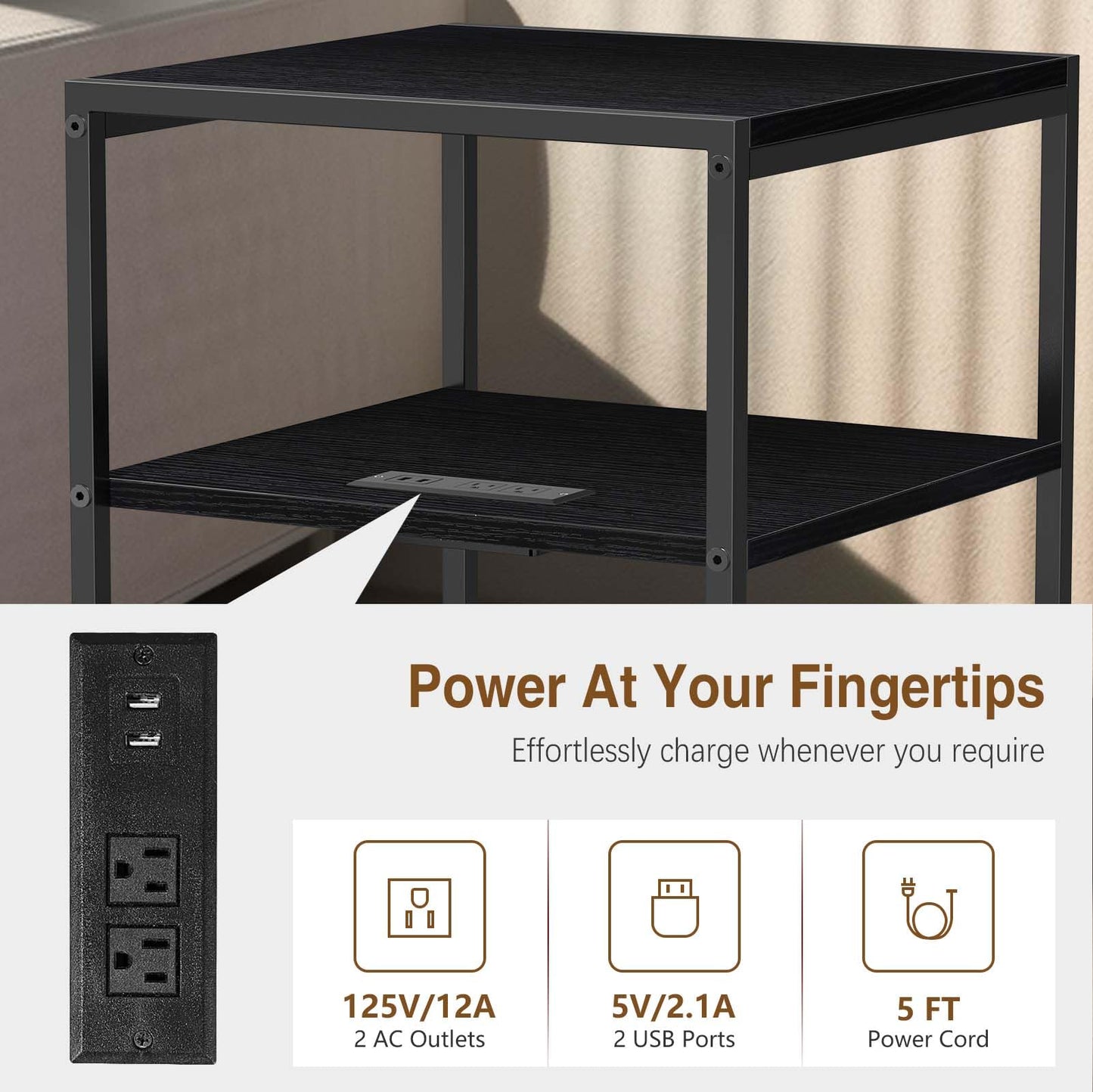 Tatub 20" End Table with Charging Station, Industrial Square Side Table with USB Ports & Outlets, Versatile 2-Tier Small Nightstand for Bedroom Living Room, Black