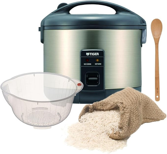 Tiger JNP-S10U 5.5 Cup Capacity White Rice Cooker with Spatula and Measuring Cup Bundle with Rice Washing Bowl and Bamboo Spoon (3 Items)