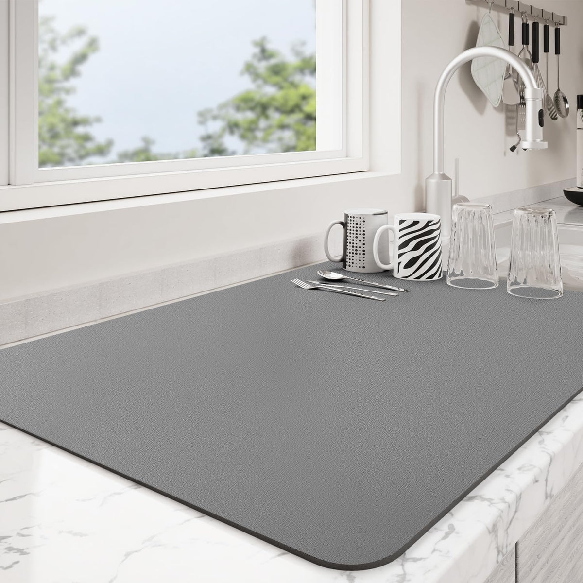 Dish Drying Mat for Kitchen Counter | Coffee Bar Mat for Countertops | Heat Resistant Drainer Mat with Non-slip Rubber Backed | Hide Stain Kitchen Absorbent Draining Mat | Dark Grey 16"x18"