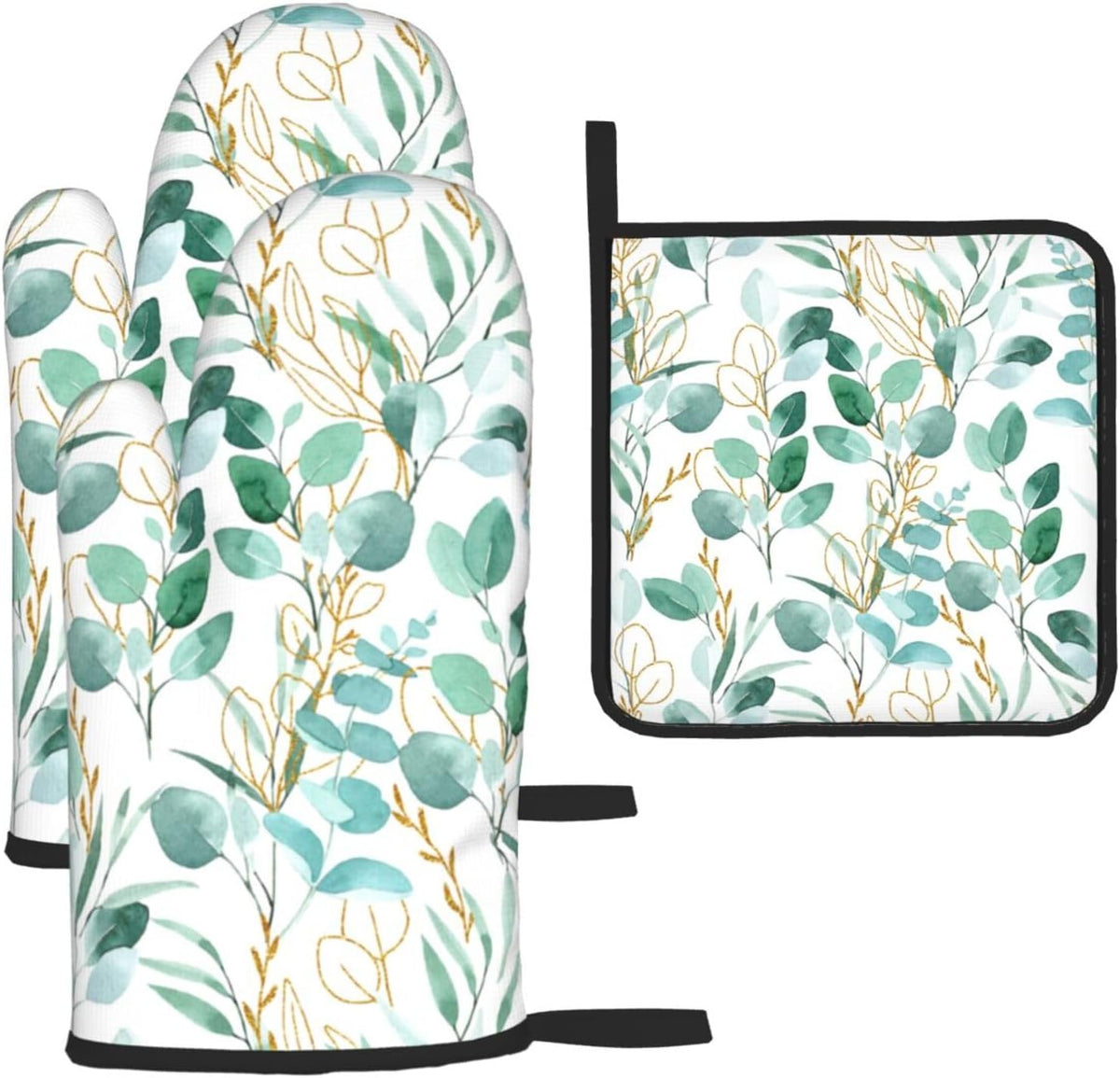 Sage Green Leaves Oven Mitts and Pot Holders Sets Heat Resistant for Kitchen BBQ Microwave Baking Grilling Cooking Set of 3 Cute Botanical Kitchen Oven Glove