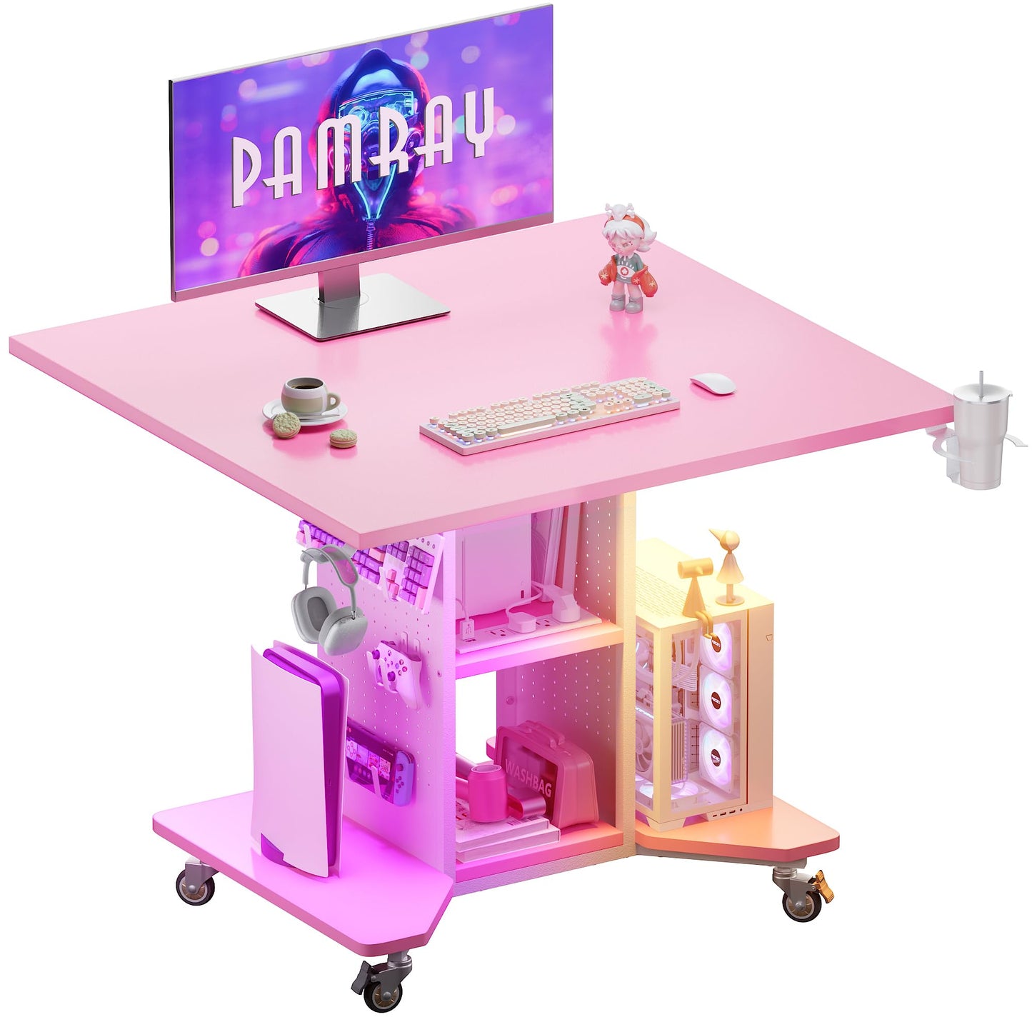 Pamray Small Rolling Gaming Desk with Led Lights Power Outlets and Storage Pegboard, Small Spaces Compact PC Computer Table Pink