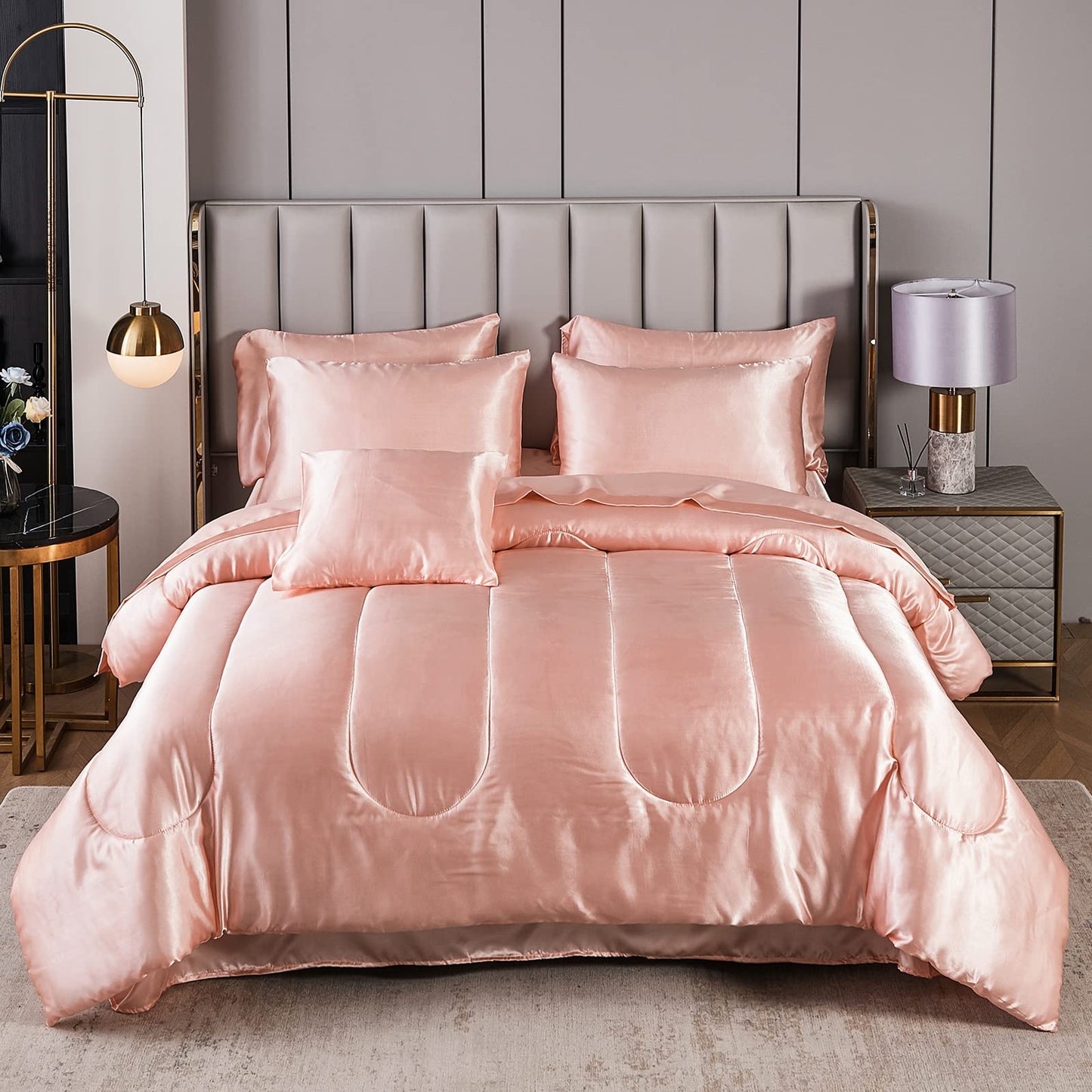 Satin Comforter Set Queen with Sheet Set Silk Like Silky Bed in a Bag Luxury Pink Room Decor Aesthetic Bedding 8 Piece Comforter Set with 1 Cushion Cover (Queen, Pink)