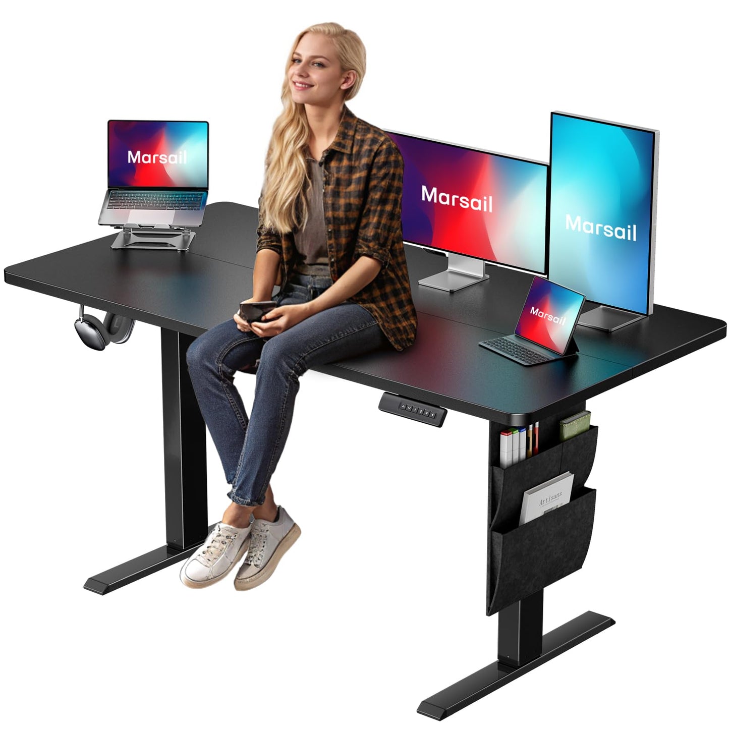 Marsail Standing Desk Adjustable Height Home Office Desk,‎48x24” Electric Standing Desks, Stand up Table with Storage Bag,Headphone Hook for Computer Workstations Desk4 Memory Preset