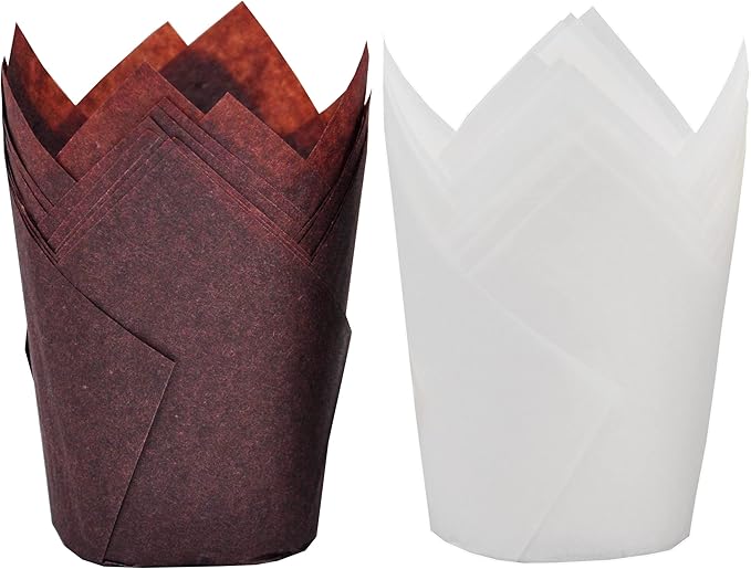 Large size White+Brown Tulip Baking Cups 2-1/4"(Base diameter) x 4"(Wall height) Greaseproof paper baking cupcake Muffin liners, Case of 130 pcs