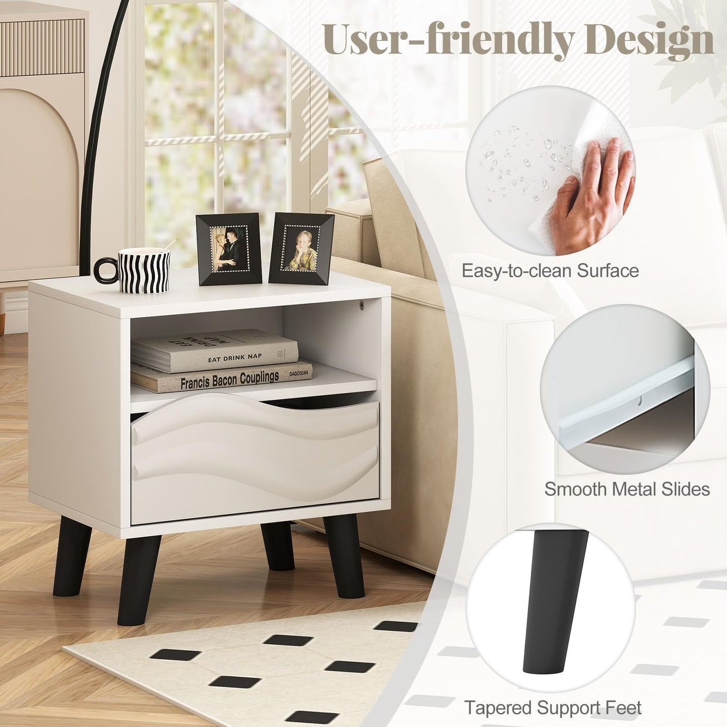 Giantex Mid Century Modern Nightstand, Wood Bedside Table with 3D Wavy Pattern & Open Shelf, Sofa Side Table, Night Stand for Small Space, Bedroom, White