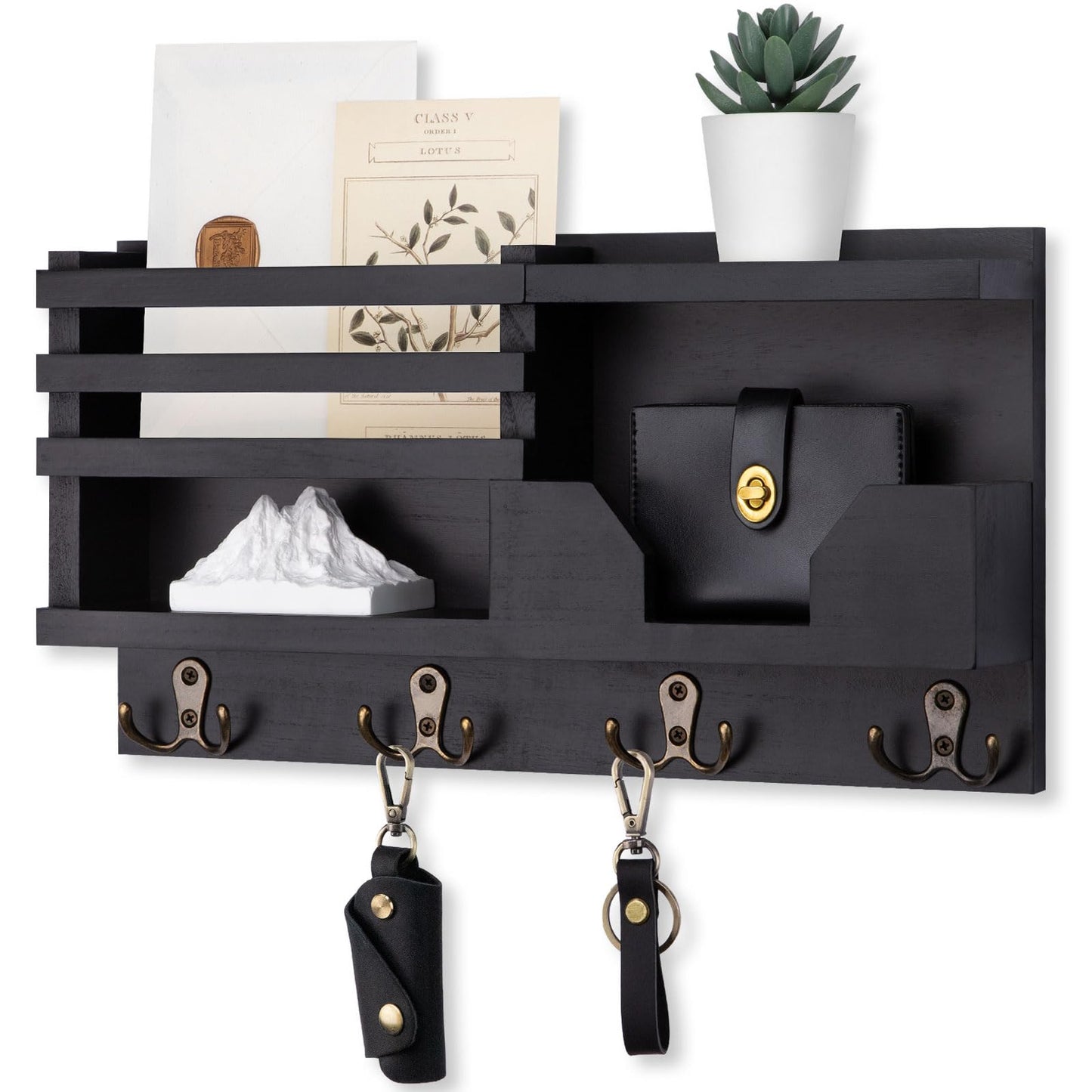 Lwenki Mail and Key Holder for Wall – Decorative 15.9” x 8.7” x 3.2” Entryway Organizer with Shelf – Paulownia Wood with 4 Dual Hooks Includes Mounting Hardware and Installation Guide