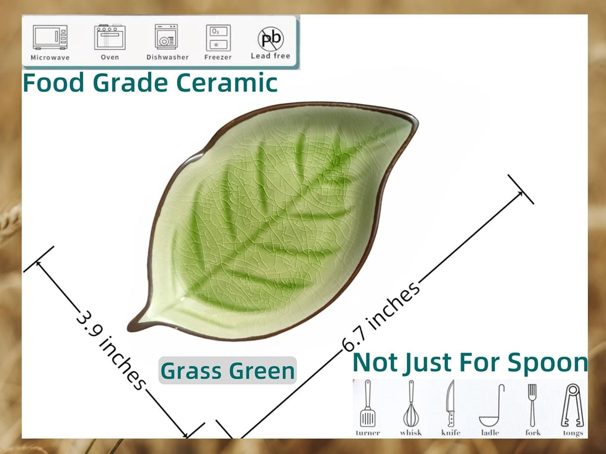 Ceramic Spoon Rest for Stove Top, Ice Cracks Leaf Cute Spoon Rest for Kitchen Counter Cooking Spoon Holder Utensil Tong Spatula Rest Ladle Holder, 1 PC (A, Grass Green)