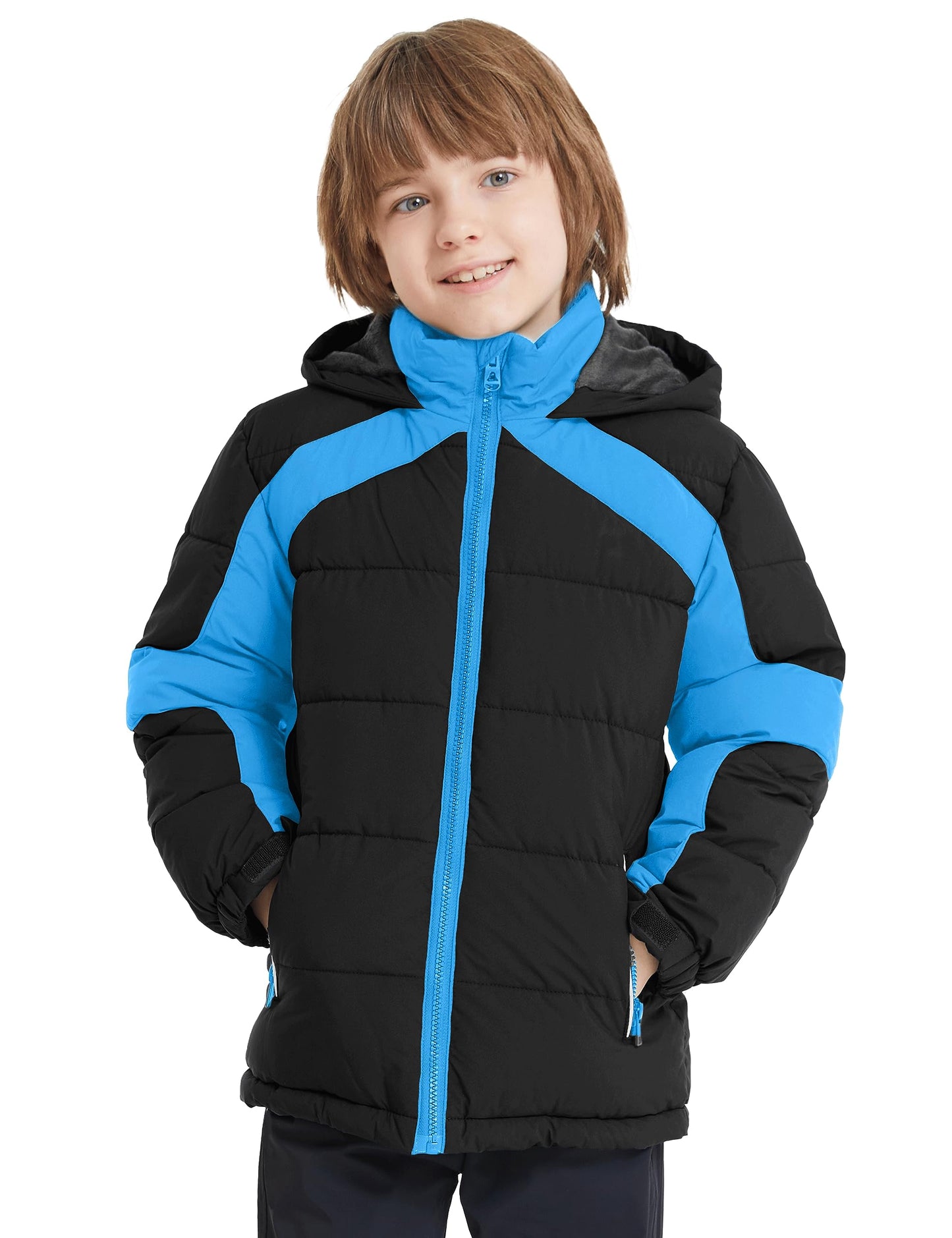 ZSHOW Boys' Puffer Jacket Warm Down Alternative Coat Hooded Outerwear Jacket(Black & Blue,14-16)