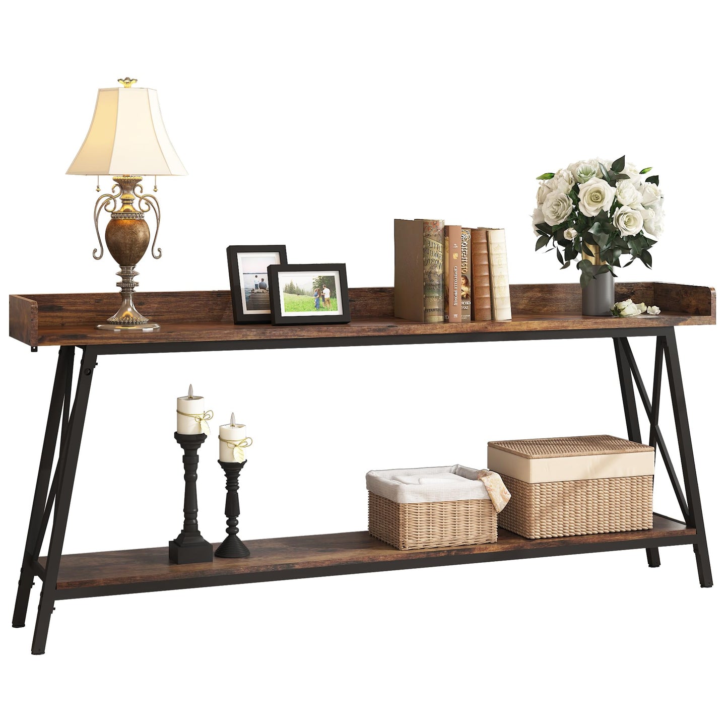 QNICE 70.9-Inch Console Table for Entryway, Farmhouse 2-Tier Entry Entrance Table, Narrow Long Sofa Table Behind Couch for Living Room & Hallway Rustic Brown