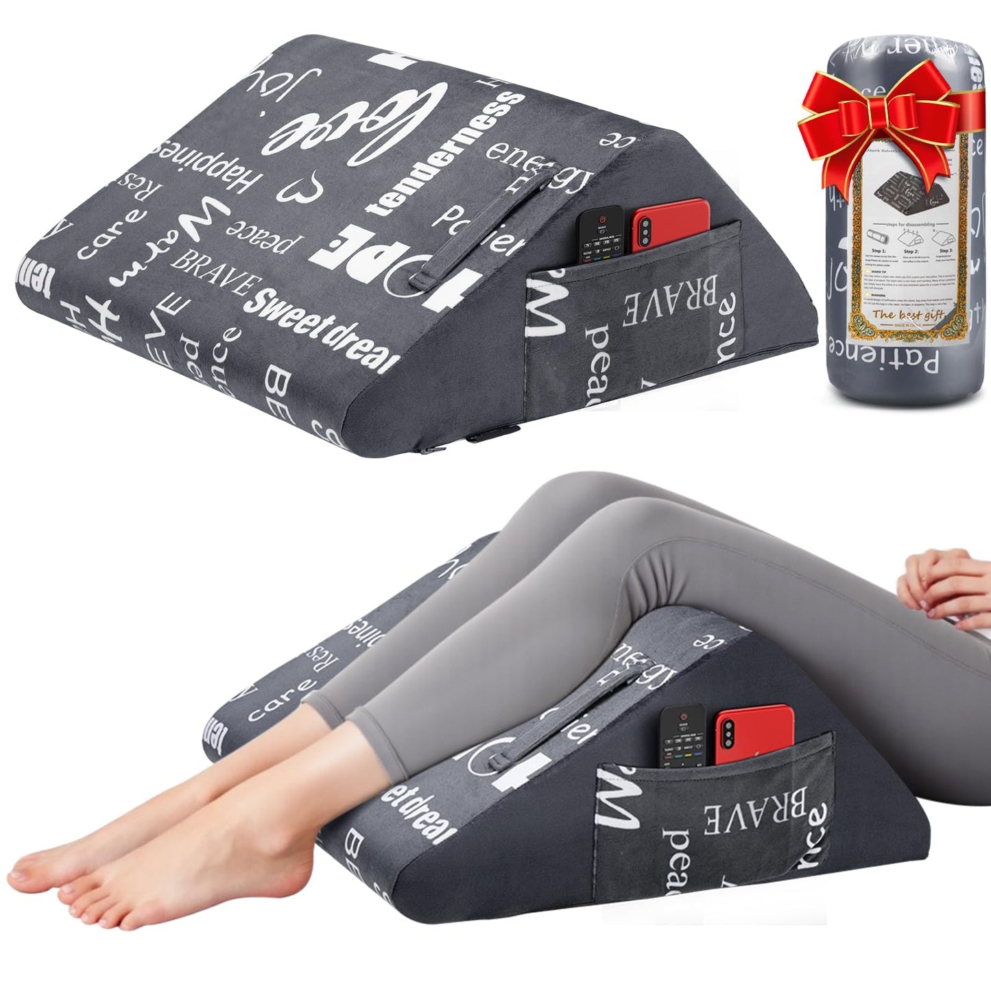 Knee Pillow for Back Sleeping, Leg Wedge Pillows Memory Foam for Legs Post Surgery, Triangle Pillow for Knee Support, Leg Elevation, Knees Hip Back Pain Relief, with Removable Cover and 2 Side Pockets