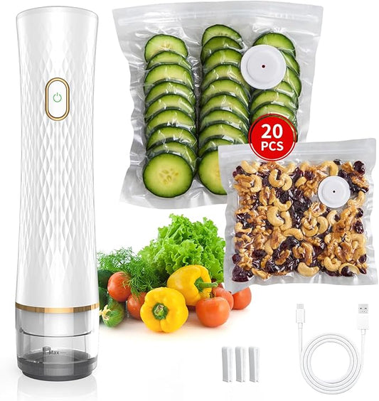 Vacuum Sealer for Food – Keeps Food Fresh up to 10× Longer, Cordless & rechargeable & strong suction for storage & sous vide(Handheld Vacuum Sealer + 20 Reusable Vacuum Bags)