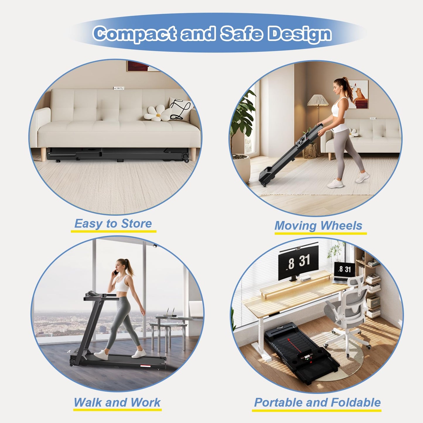 Juturna Treadmills for Home, Portable Foldable Treadmill, Walking Pad with Handle Bar, 3.0 HP Walking Pad with 300 LBS Capacity, Folding Treadmill with LED Display