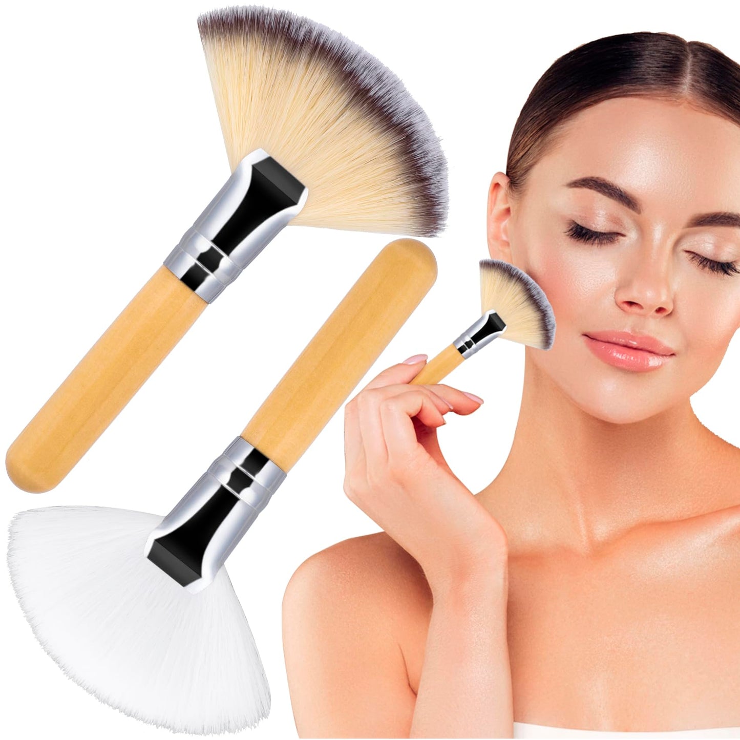 BEIQIYA 2pcs Facial Fan Brushes, Soft Facial Mask Applicator Tools, Esthetician Cosmetic Brush for Women Makeup Peel Powder Blush Face Highlighting- White & Brown