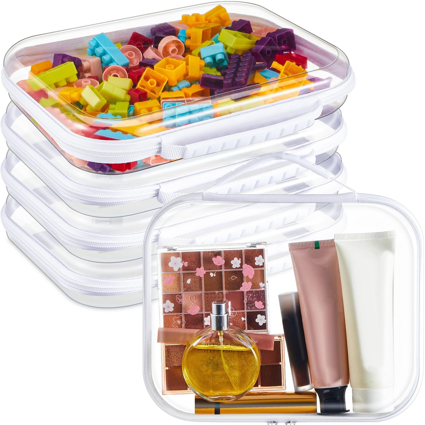 Sanwuta 4 Pcs Clear Hard Zipper Case with Handle Office Storage Cases Hard Plastic Pouches Transparent Bins for Toys, Snacks, Cosmetics, Building Blocks, Puzzles(9.8 x 7.9 x 2 Inches,White)