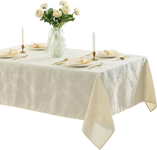 Newbridge Barcelona Luxury Damask Fabric Tablecloth, 70” x 70”, Square, Antique White, 100% Polyester, No Iron, Soil Resistant Dining Room, Party and Banquet Table Cover