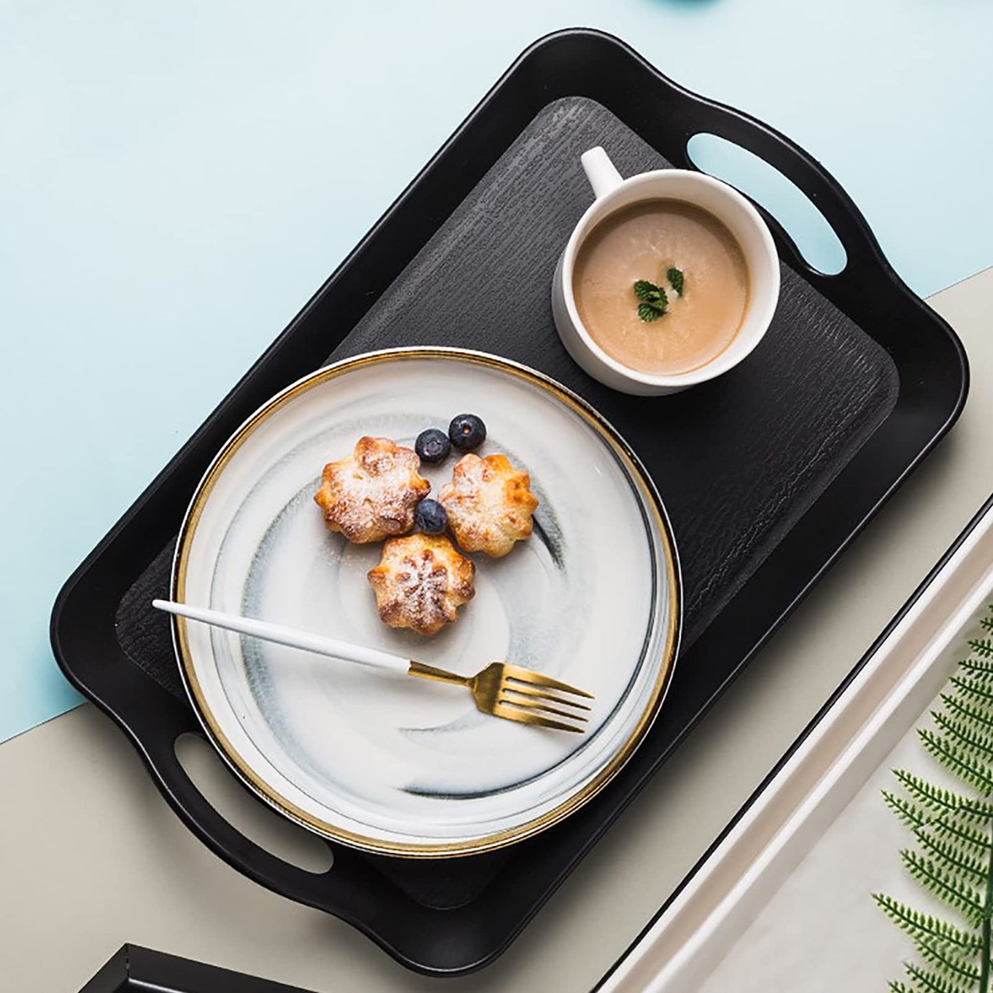 Cedilis 3 Pack Black Serving Trays with Handles,16 x 11IN Rectangular Non Skid Multi-Purpose Plastic OttomanTray for Restaurant, Parties, Coffee Table, Kitchen