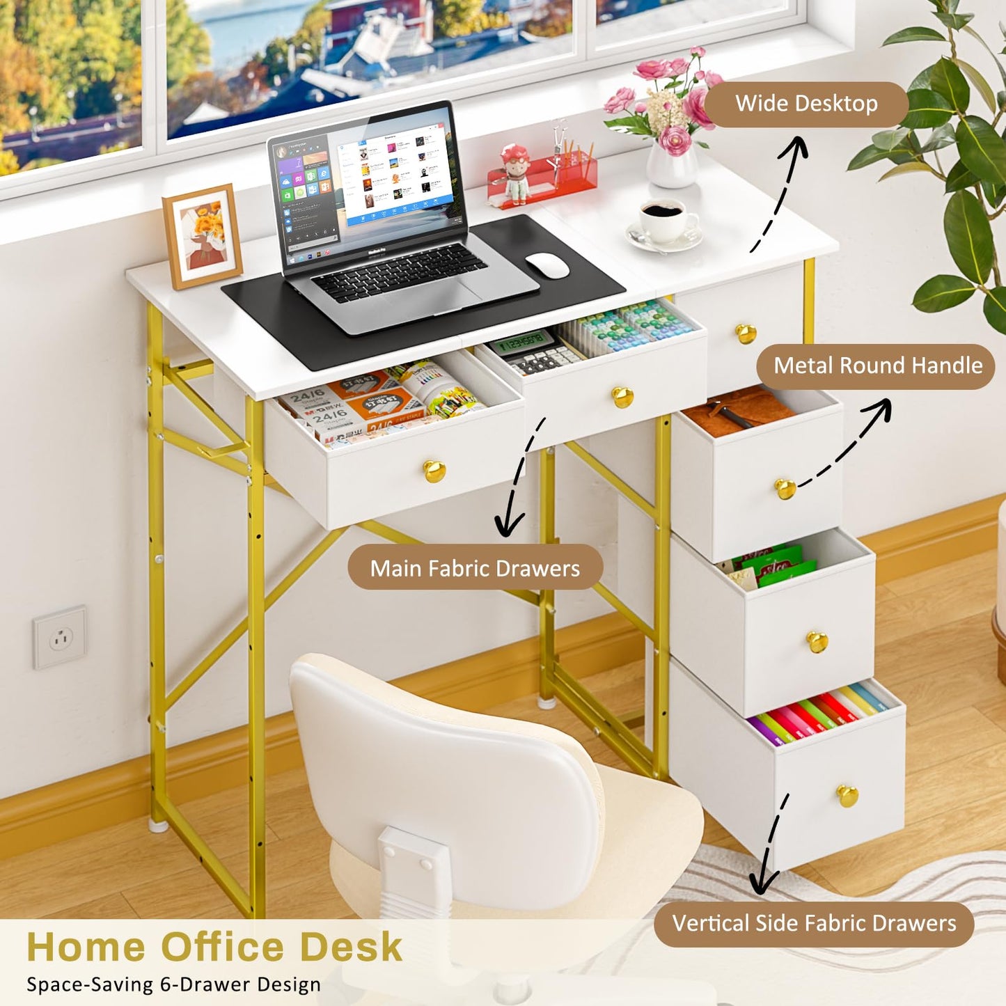 3IngSeagulls Small Computer Desk with 6 Drawers, 32 Inches Work Table for Home Office, Writing Desk with Storage, Compact Study Desk for Small Spaces, Kids Study Desk for Bedroom, White and Golden