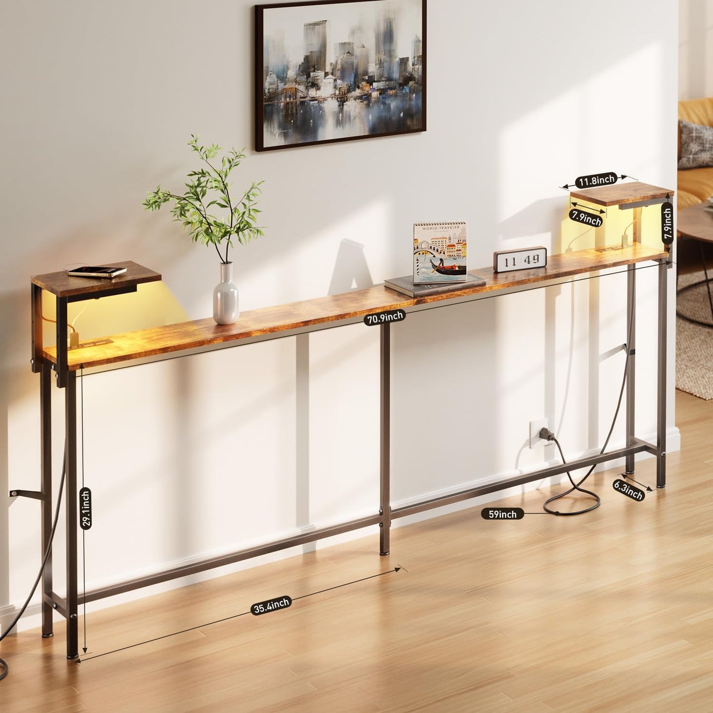 HLDIRECT 71 Inch Couch Table Behind Sofa with Double Storage Shelves, Narrow Long Console Table with LED Light & Outlet for Living Room,Entryway Desk for Hallway, Rustic Brown