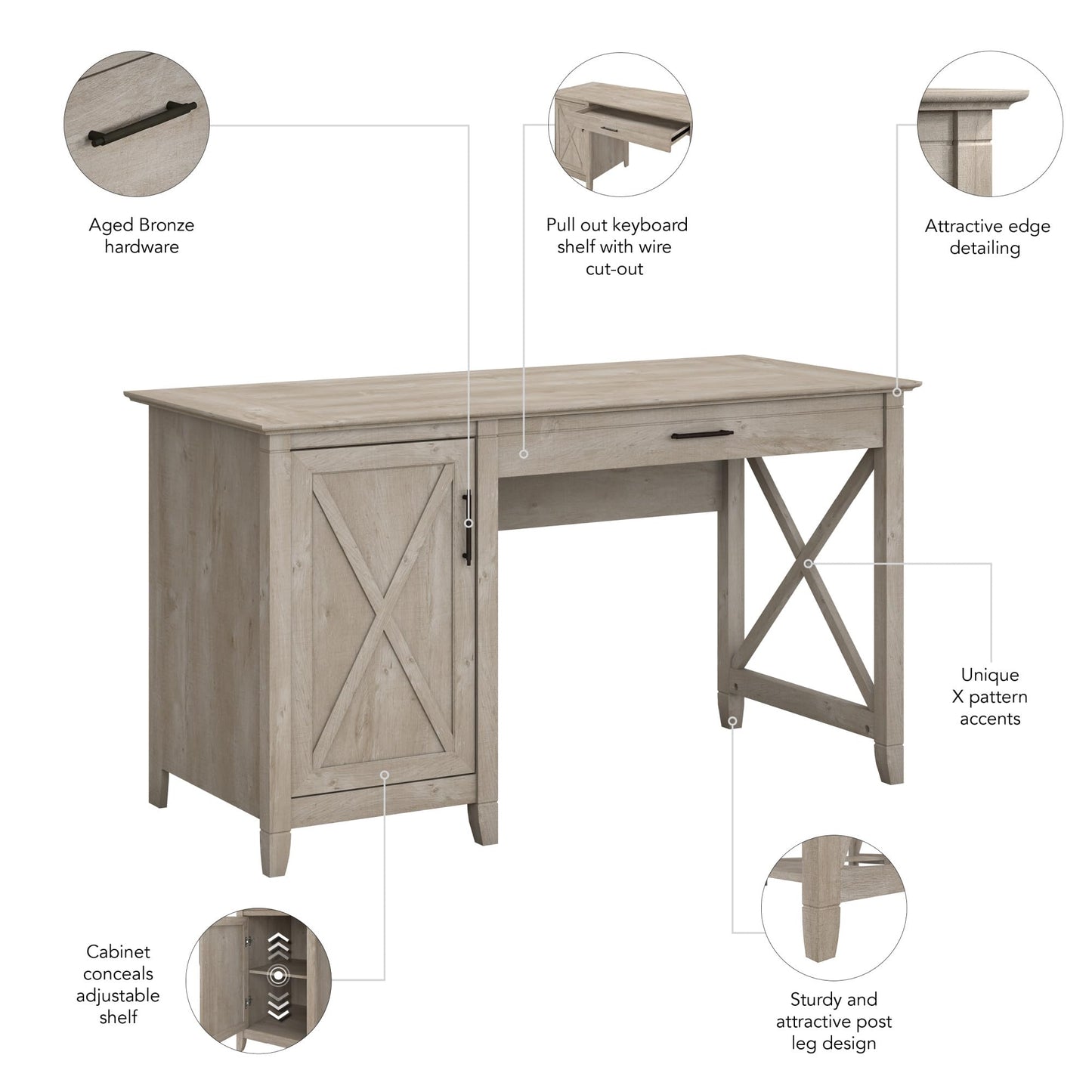 Bush Furniture Key West Computer Desk Farmhouse PC Table for Home Office, 54W w/Storage, Washed Gray