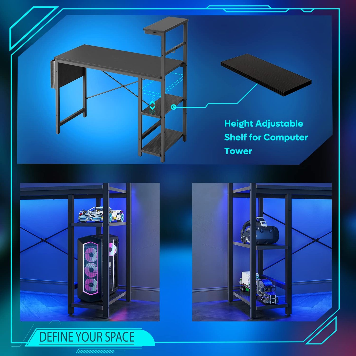 Bestier Gaming Desk with LED Lights, 44 Inch PC Gamer Desk for Small Spaces, Computer Desk with Reversible Storage Shelves & Side Storage Bag (Black Grained)