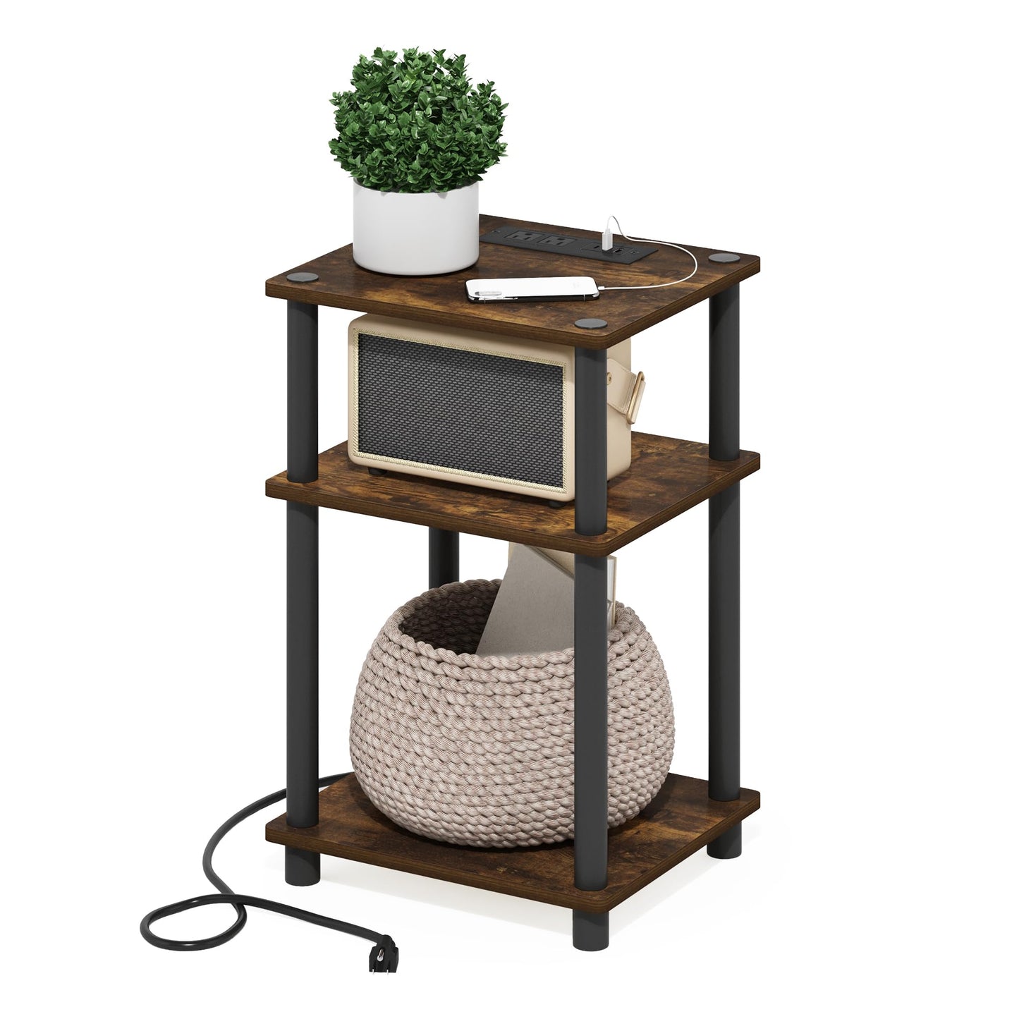 Furinno Just 3-Tier Turn-N-Tube USB and Type-C Charging Port End Table with Open Storage, 11.42 (W) x 8.82 (H) x 6.77 (D) inches, Amber Pine/Black