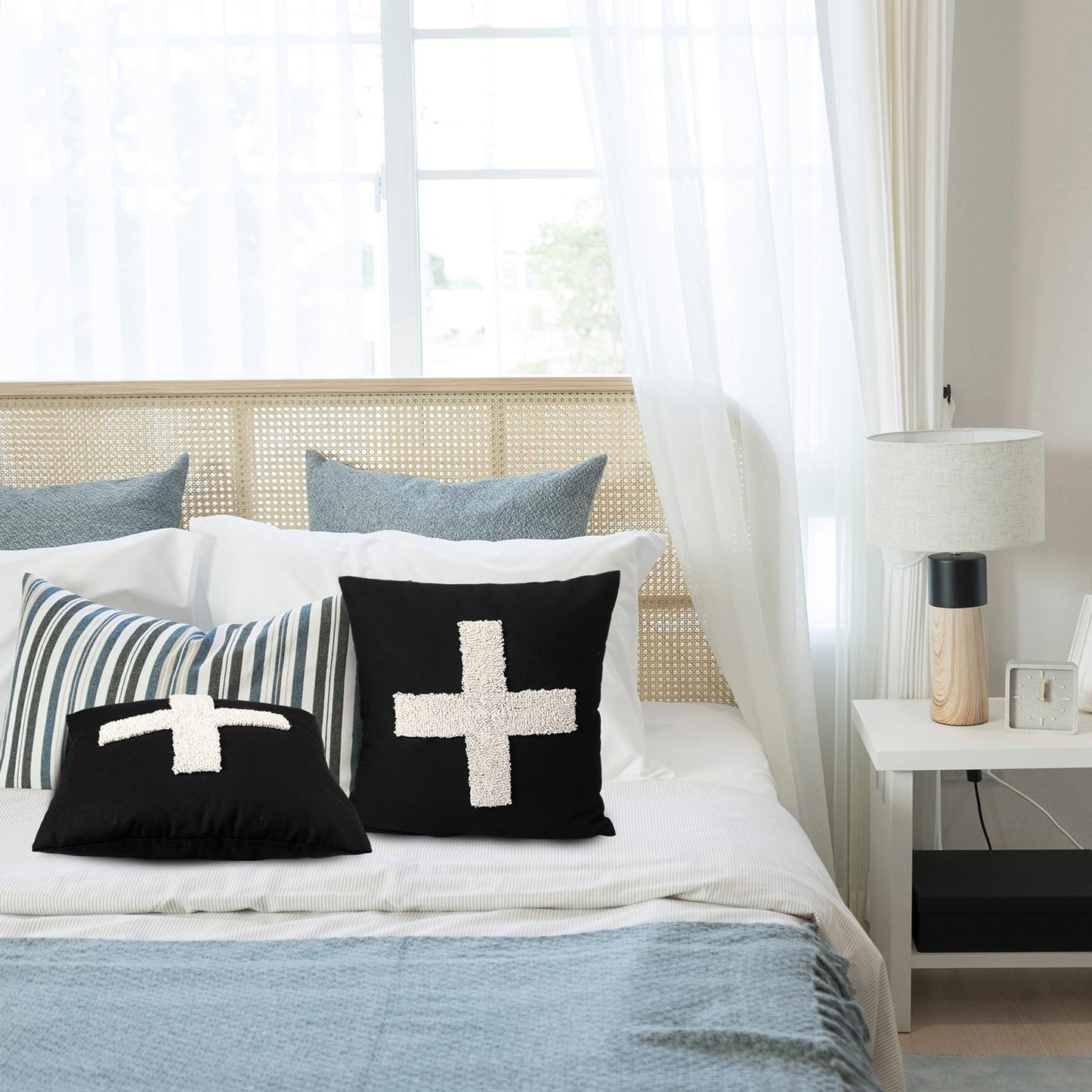 Suzile 2 Pcs Black Pillows with Swiss Cross Throw Pillows Plus Crosses Decorative Cushion for Couch Home Office Decor, 18 x 18 Inches