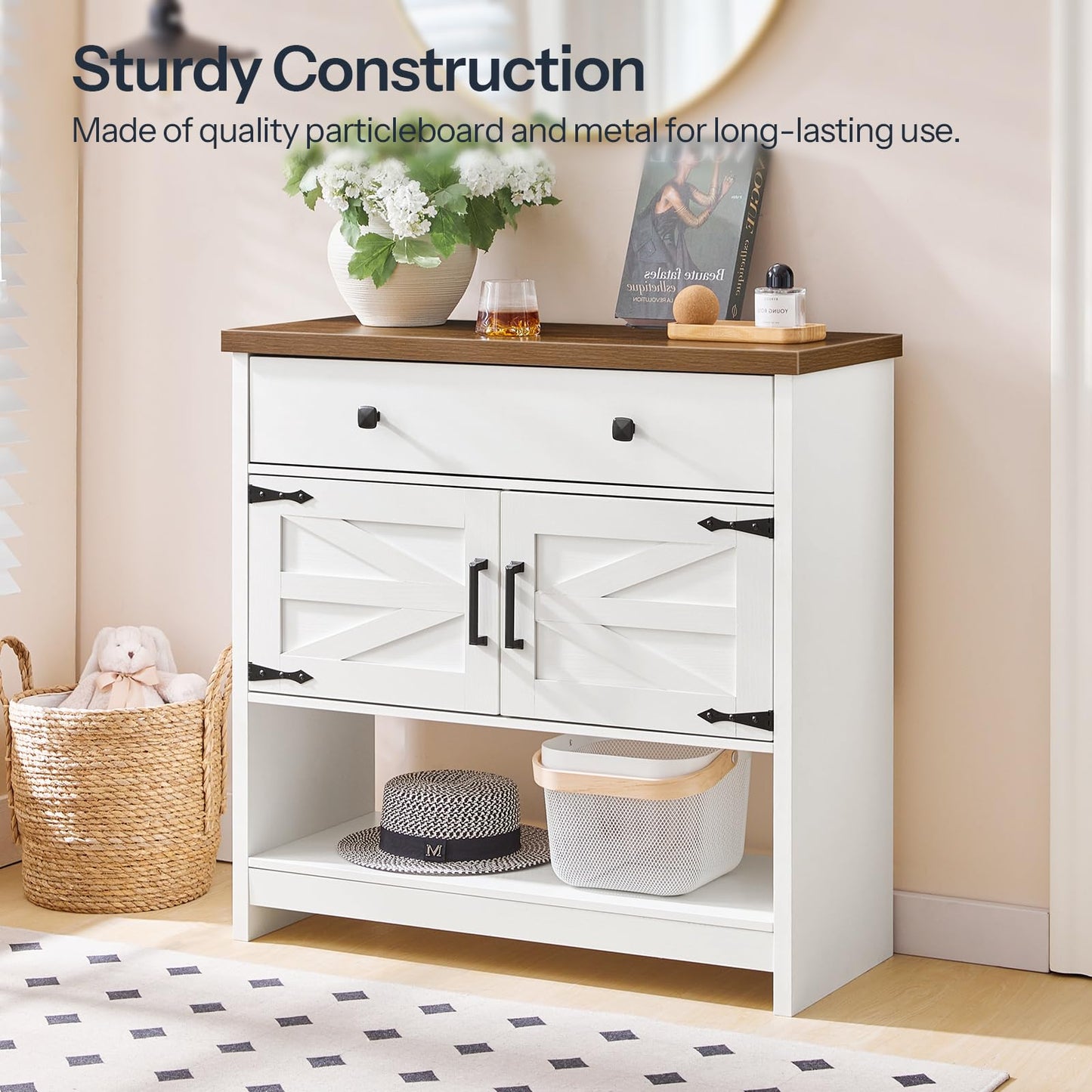 HOOBRO 34.3 Inches Farmhouse Console Table with Large Drawer and 2-Door Cabinet, Entryway Table with Storage, Sofa Table, Coffee Bar, for Entrance, Kitchen, Living Room, Walnut and White WH90XG01
