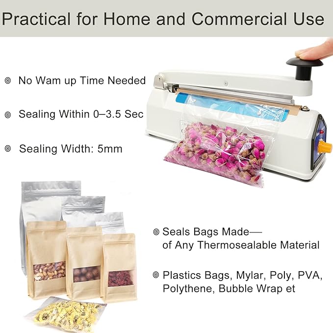 Impulse Sealer 8 Inch Heat Sealer for Plastic Bags, Plastic Mylar Bag Sealer, Iron Shell, Manual Poly Bag Heat Sealer Machine, 3mm Sealing, 4 Replacements Kit (2 Cutting Lines Included)