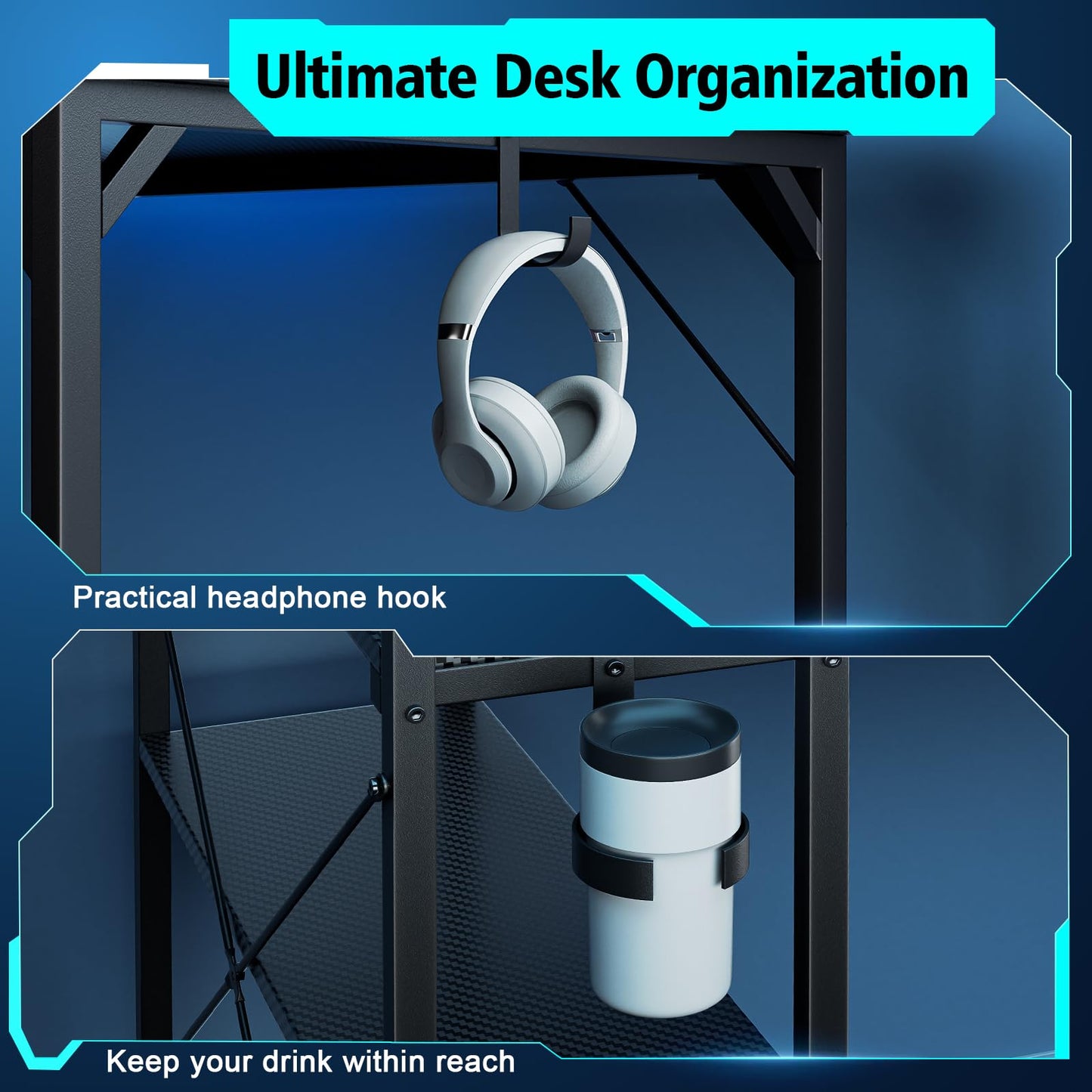 DOMICON 47 Inch Gaming Desk with LED Light, Computer Desk with Reversible Storage Shelves and Power Outlets for Home Office, Black