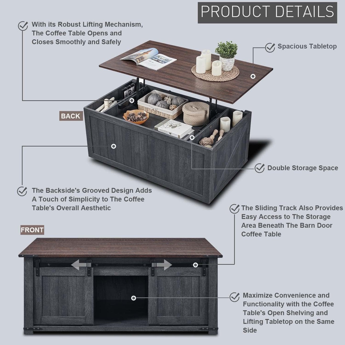 IFGET 48" Lift Top Coffee Table, Farmhouse Cocktai with Sliding Groove Barn Door, Rustic Wood Center Table w/Double Storage Spaces for Living Room, Dark Grey