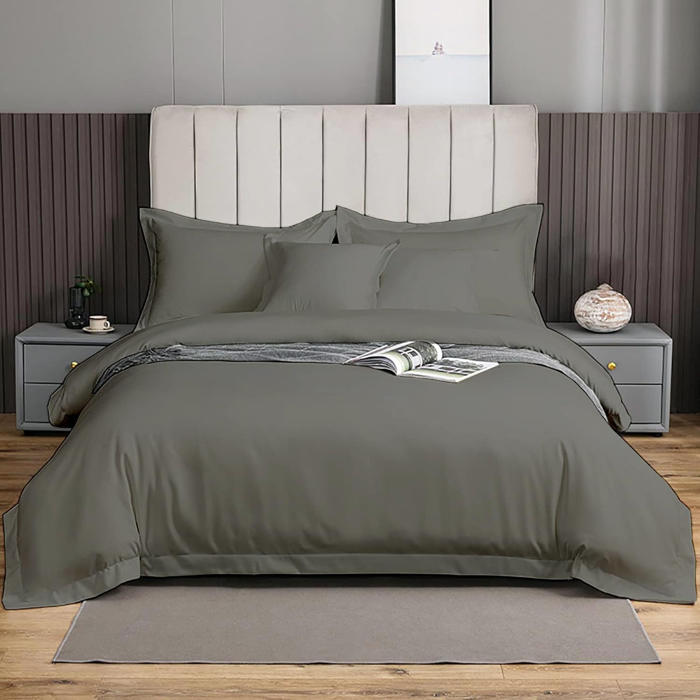 eBeddy Linens Duvet Cover Set Queen Size 90x90 Inch 100% Cotton Soft and Breathable 3 Pieces (1 Duvet Cover & 2 Pillow Shams) Premium Bedding Collection Zipper Closure & Corner Ties, Dark Grey Solid