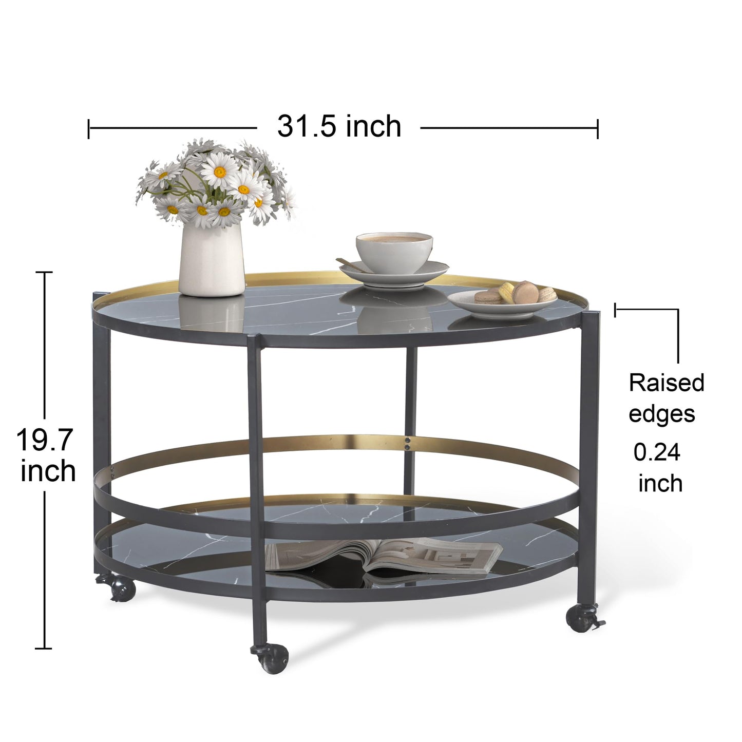 DYZAIMAX Round Coffee Table with Wheels & 2-Tier Design Black Marble-Textured Top, Sturdy Metal Frame & Premium Baked Paint Finish for Living Room, Balcony, Home - Easy Assembly - 31.5"x19.7"
